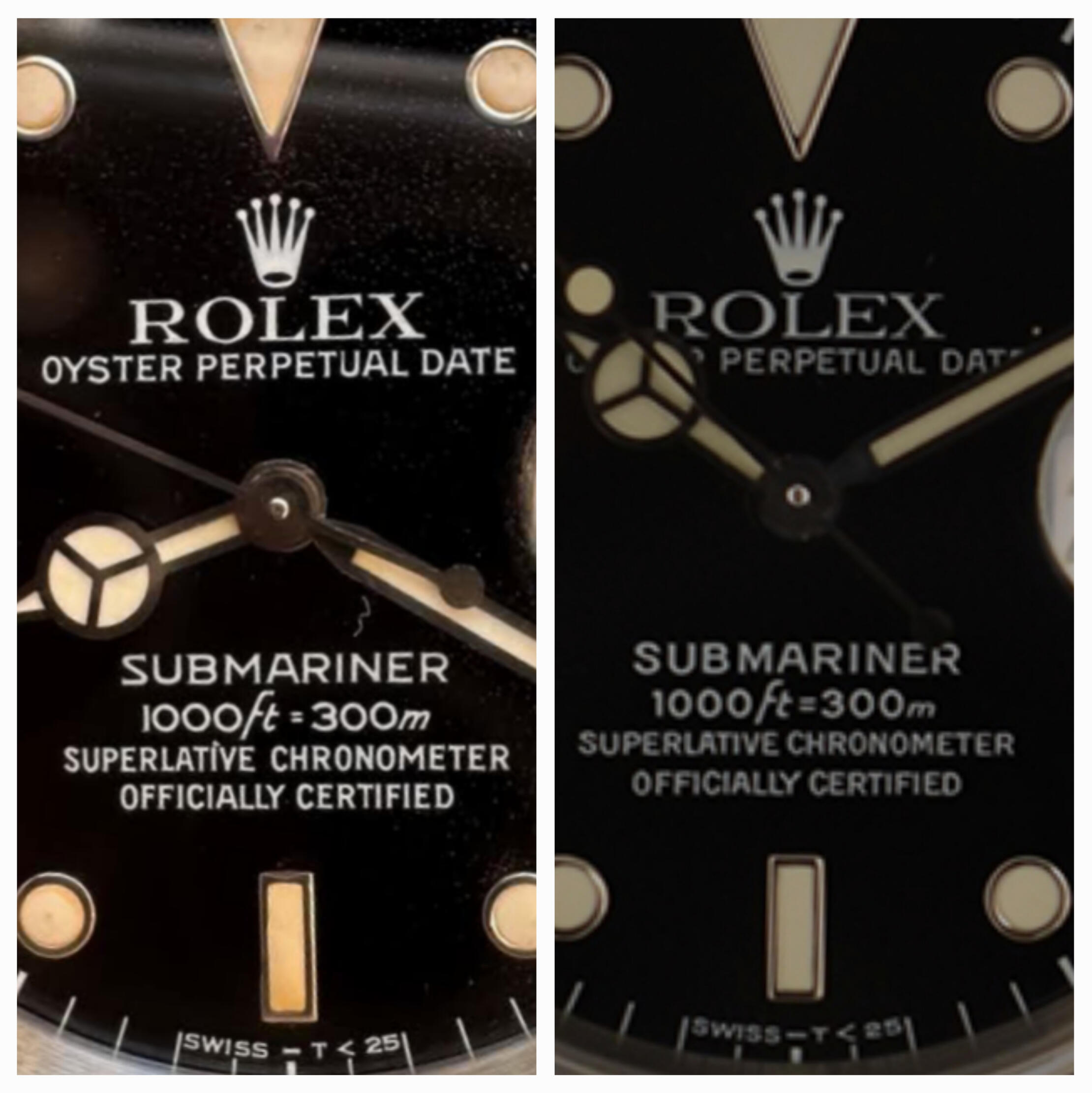 Cadran Zubmariner de 1989 comparé à un cadran standard de 1990 Cadran Rolex Submariner 16610 Zubmariner de 1989 à côté d’un cadran standard de 1990