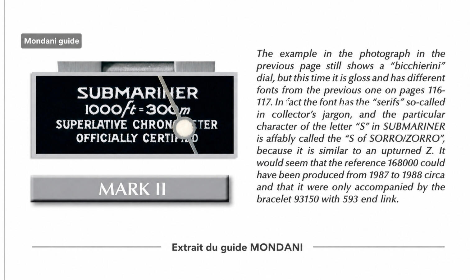 Cadran Zorro de la Rolex Submariner 168000 documenté par Mondani Extrait du guide Mondani documentant le cadran à S Zorro de la Rolex Submariner 168000