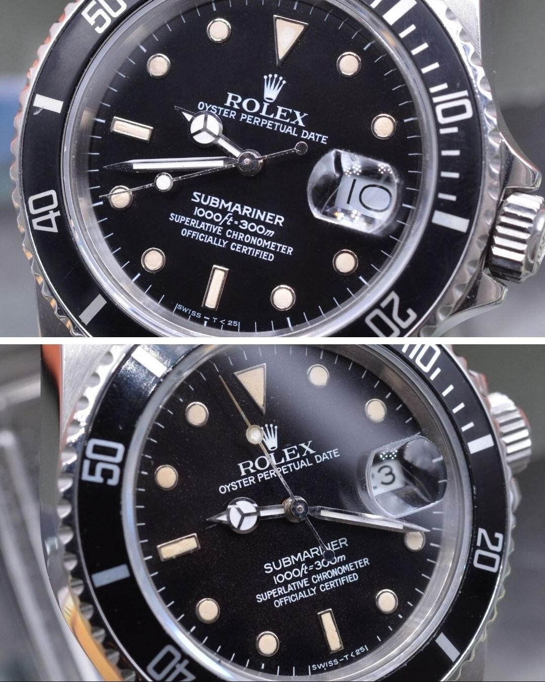 Comparaison d’un S Flat-S avec un S standard Cadran Rolex Submariner comparant un S Flat-S à un S standard